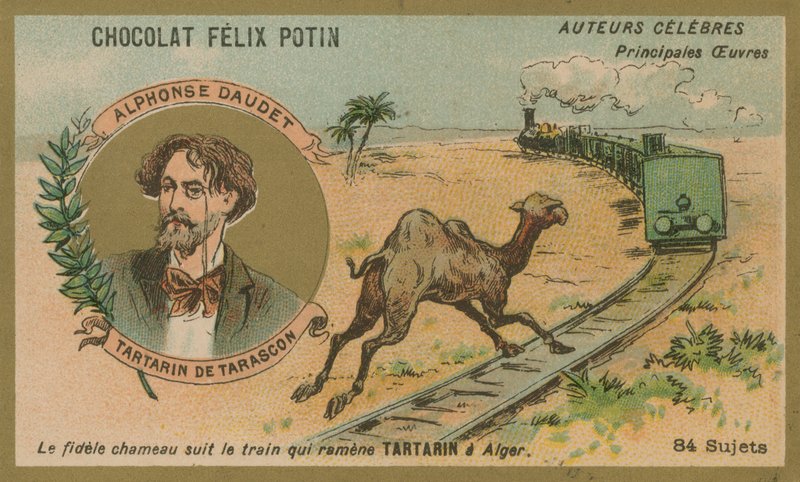 Alphonse Daudet och en scen ur Tartarin de Tarascon av French School