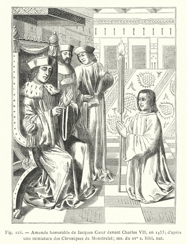 Honorable amends of Jacques Coeur före Charles VII, 1453; efter en miniatyr från Chroniques de Monstrelet; ms av 1400-talet, Bibl nat (gravyr) av French School