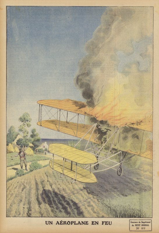 Ett flygplan i brand (färg litho) av French School