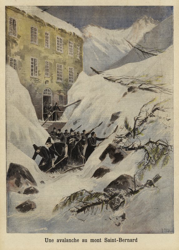 En lavin vid Great St Bernard Pass, Schweiz, 1897 av French School