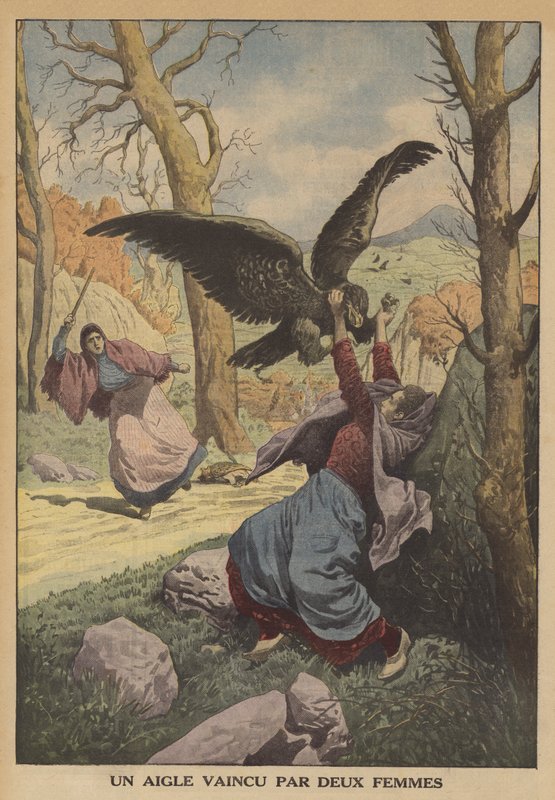 En örn besegrad av två kvinnor (färg litho) av French School
