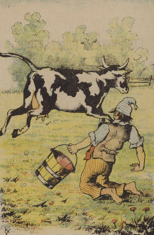 Ett misslyckat försök att mjölka en ko (färg litho) av French School