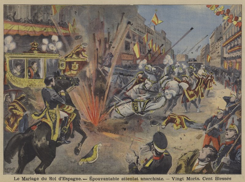 Anarkistisk bombattack mot kung Alfons XIII:s bröllopståg och drottning Victoria Eugenie av Battenberg i Madrid av French School