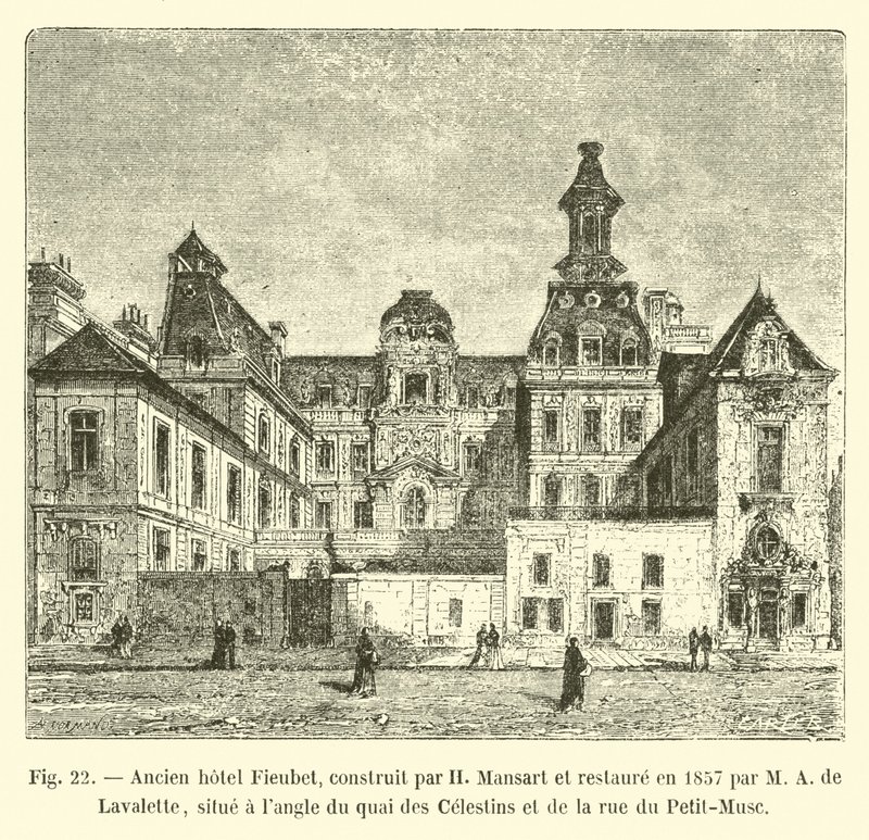 Tidigare Fieubet-hotell, byggt av H Mansart och restaurerat 1857 av M A de Lavalette, beläget i hörnet av Quai des Celestins och Rue du Petit-Musc av French School