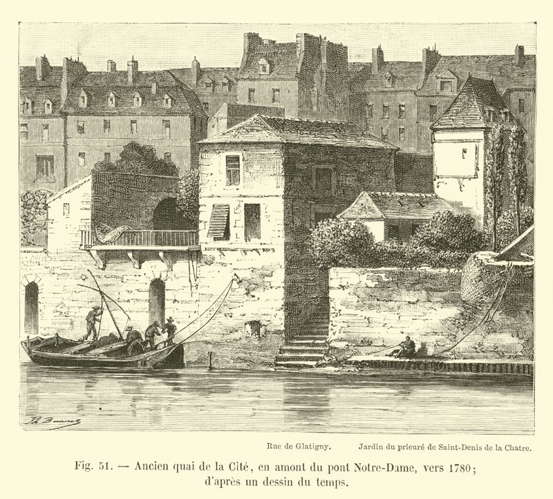 Tidigare quai de la Cite, uppströms från Notre-Dame-bron, omkring 1780; från en teckning av tiden av French School
