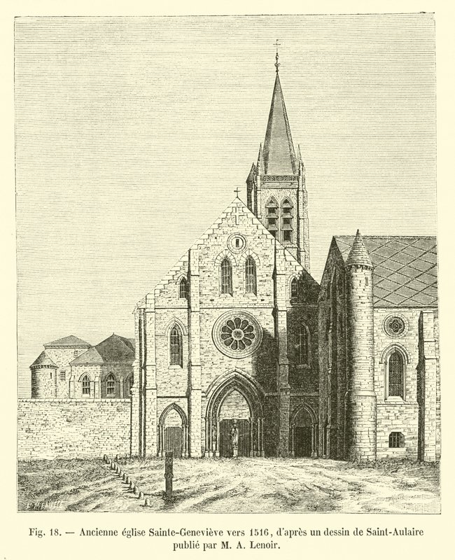 Tidigare Sainte-Genevieve-kyrkan omkring 1516, efter en teckning av Saint-Aulaire publicerad av M A Lenoir av French School