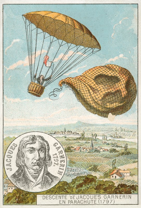 Andre-Jacques Garnerin stiger ned från en ballong med fallskärm av French School