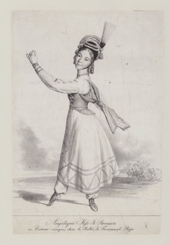 Angelique St Romain Mees i kosackdräkt för baletten La Francaise et le Raja (litho) av French School