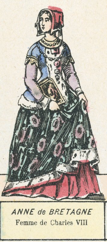 Anne av Bretagne, hustru till Karl VIII (färgad gravyr) av French School