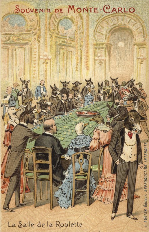 Antropomorf illustration av dårskaperna på kasinot i Monte Carlo (färglitografi) av French School