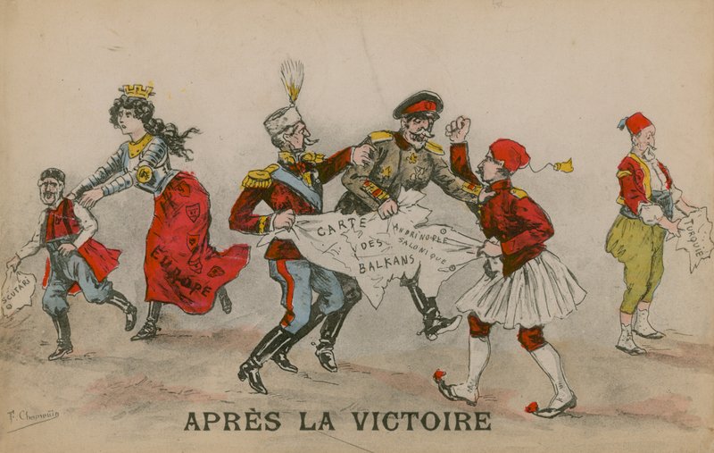Apres La Victoire, politisk tecknad film om Balkan. Vykort skickat den 14 juni 1913. av French School