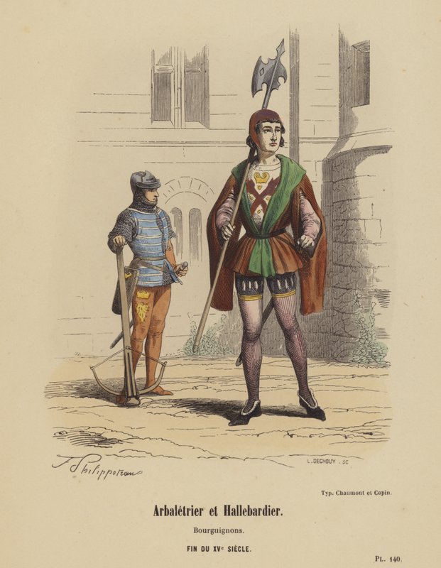 Crossbowman och Halberdier, burgunder, sent 1400-tal (färgad gravyr) av French School