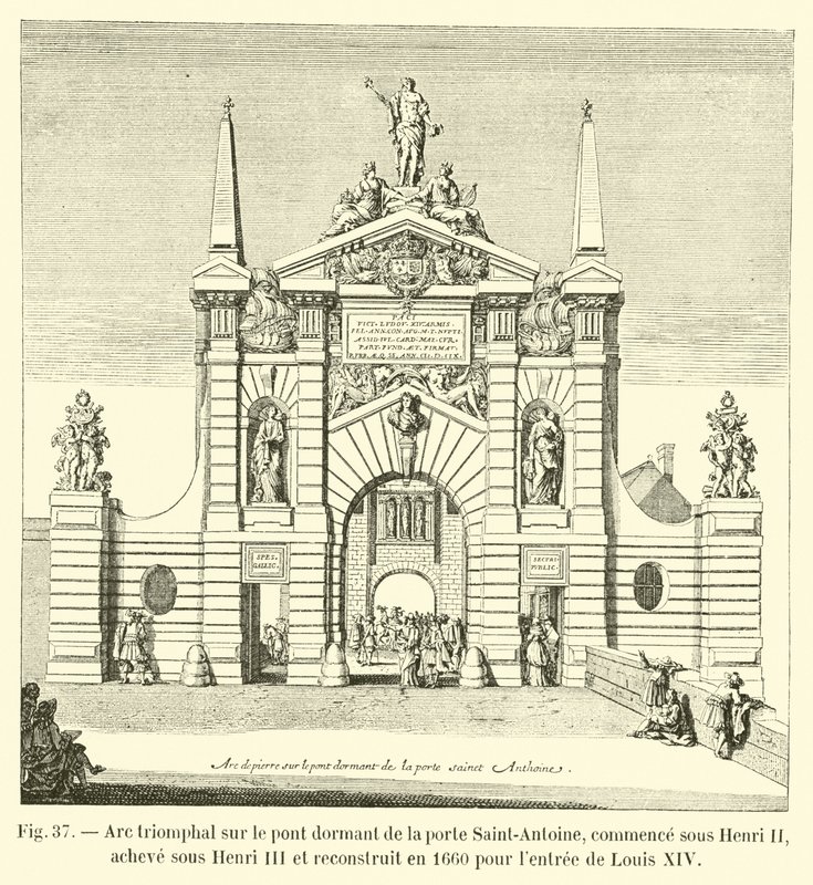 Triumfbåge på den slumrande bron i Saint-Antoine-porten, började under Henri II, färdigställdes under Henri III och byggdes om 1660 för Ludvig XIV:s inträde av French School