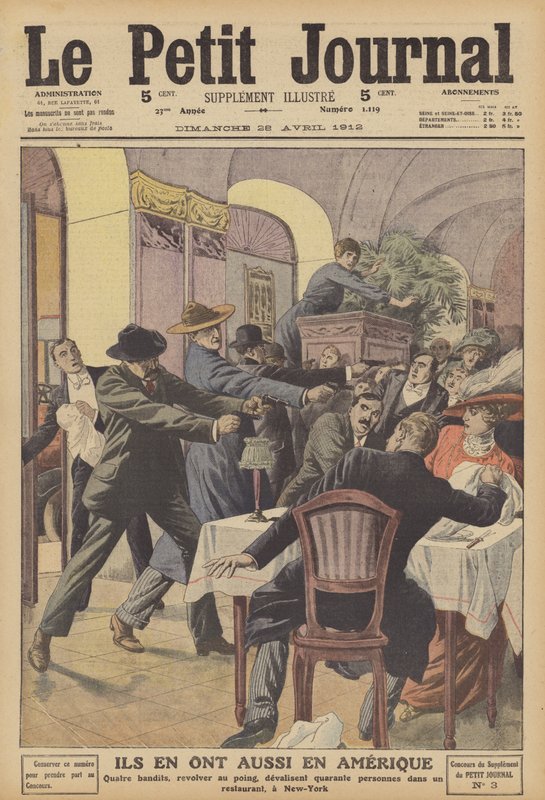 Väpnat rån i en restaurang i New York (färg litho) av French School