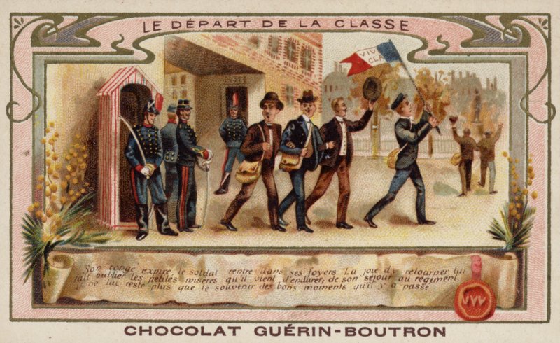 Armékadetter som lämnar för att ansluta sig till sitt regemente efter examen från akademin (chromolitho) av French School