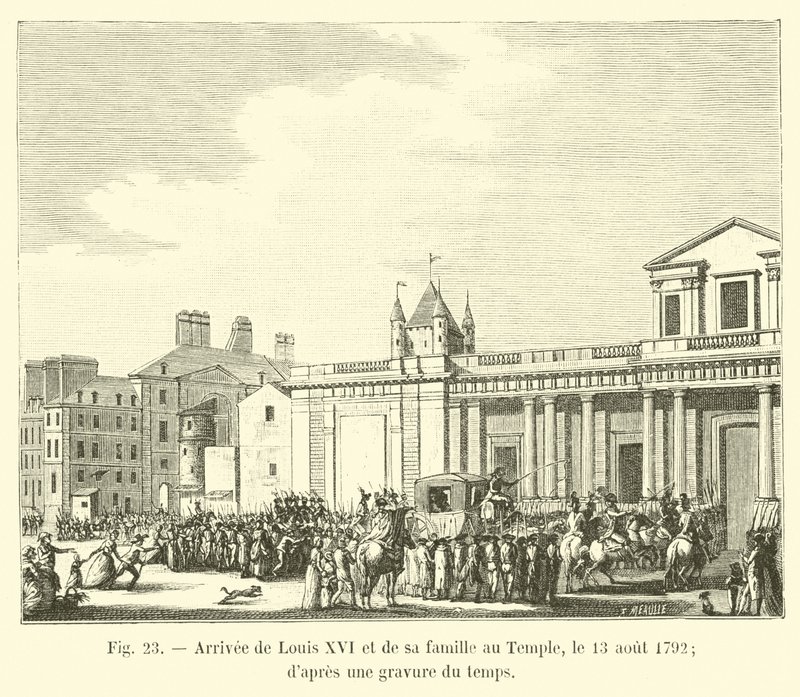 Ankomst av Ludvig XVI och hans familj till templet, 13 augusti 1792; från en gravering av tiden av French School