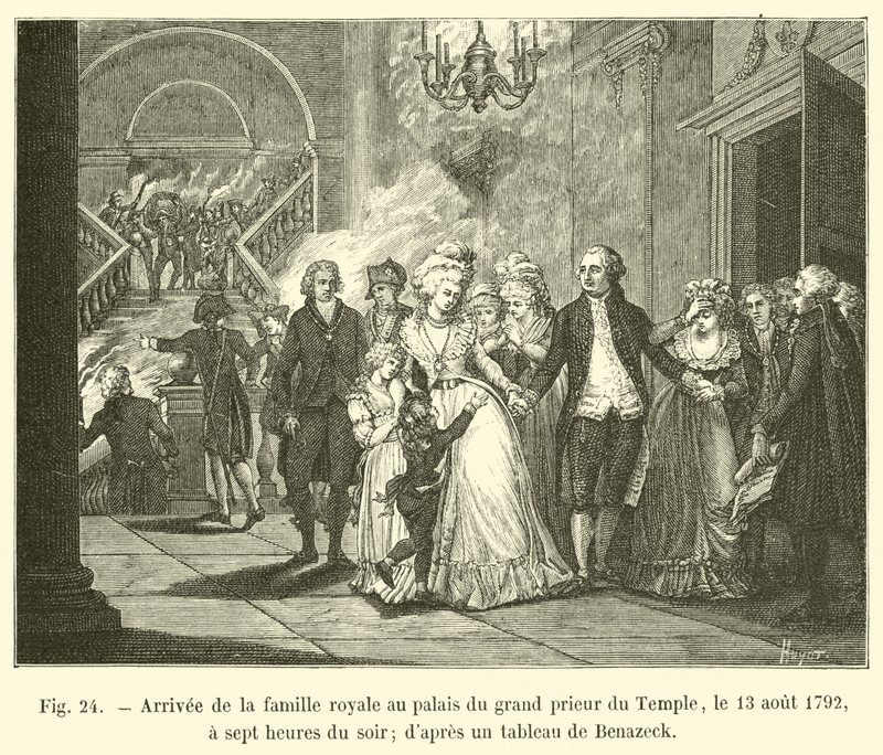Ankomst av kungafamiljen till palatset till templets Grand Prior, 13 augusti 1792, klockan sju på kvällen; från en målning av Benazeck av French School