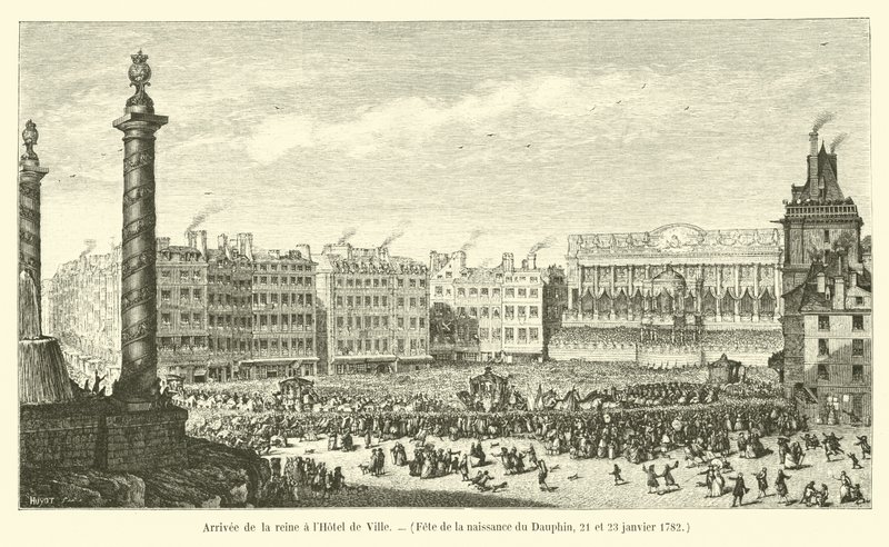 Drottningens ankomst till Hôtel de Ville, Dauphins födelsedag, 21 och 23 januari 1782 av French School