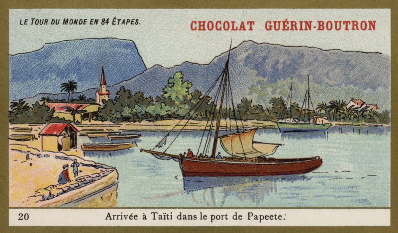 Anländer till hamnen i Papeete, Tahiti (chromolitho) av French School
