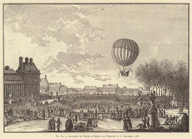 Charles och Roberts himmelsfärd till Tuilerierna, 1 december 1783 (gravyr) av French School