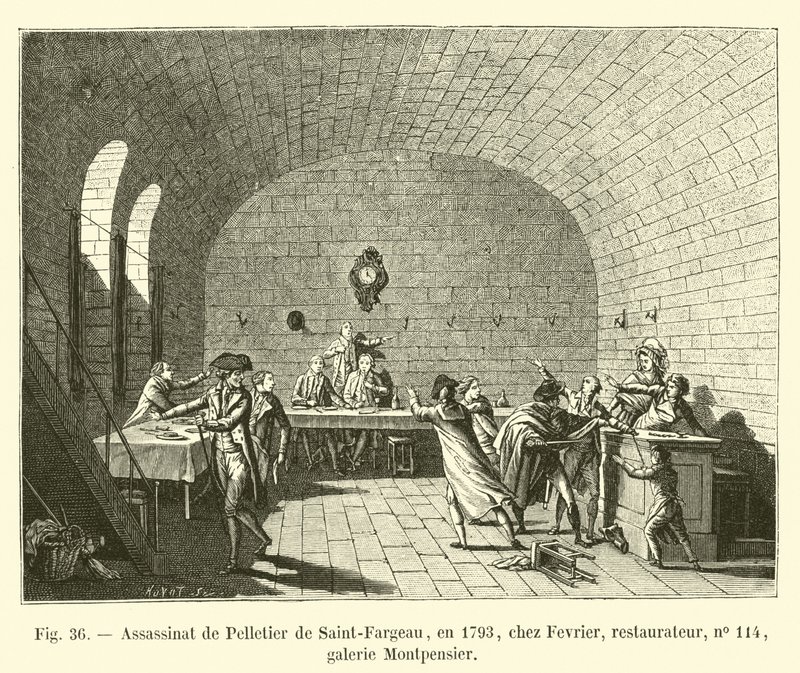 Mordet på Pelletier de Saint-Fargeau, 1793, på Fevrier, restauratör, nr 114, Montpensier gallery av French School