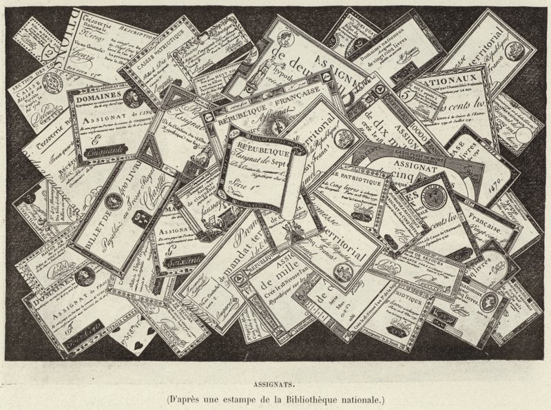Tilldelade. Assignater, franska revolutionens valuta (gravyr) av French School