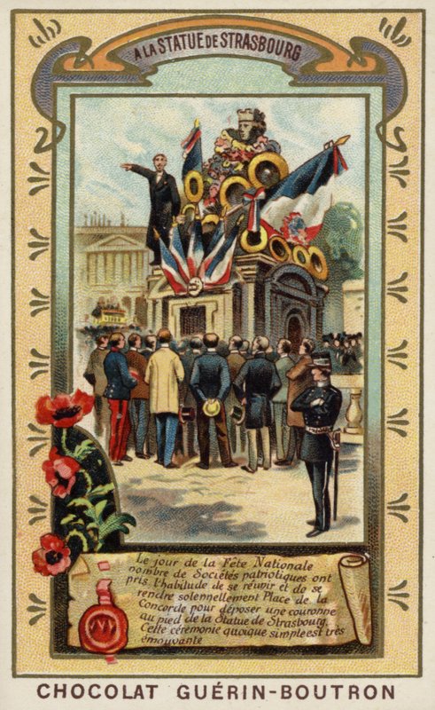 Vid statyn av Strasbourg, Place de la Concorde, Paris (chromolitho) av French School
