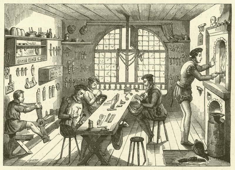 Verkstad av Etienne de Laulne, kallad Stephanus, guldsmed från 1500-talet (gravyr) av French School