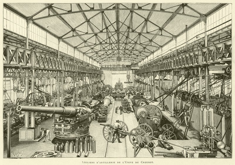 Artilleriverkstäder i Creusot-fabriken (gravyr) av French School