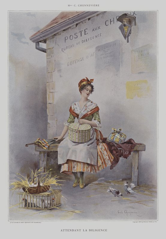 Attendant la Diligence (Waiting for the Stagecoach) (lito i färg) av French School