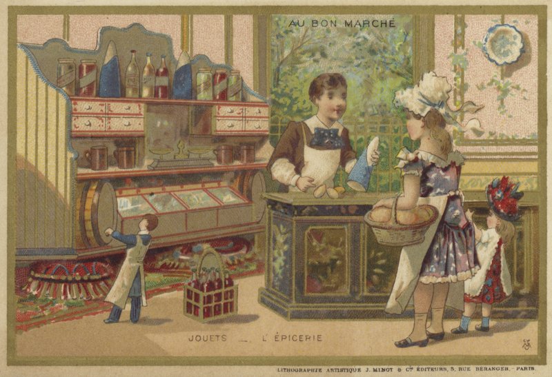 Au Bon Marche-kort med barnspel av French School