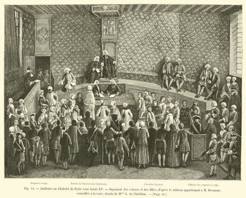 Publik på Chatelet i Paris under Ludvig XV, dom över tjuvar och flickor; från målningen som tillhör M Desmaze, rådgivare vid hovet; teckning av Mme L de Chatillon av French School