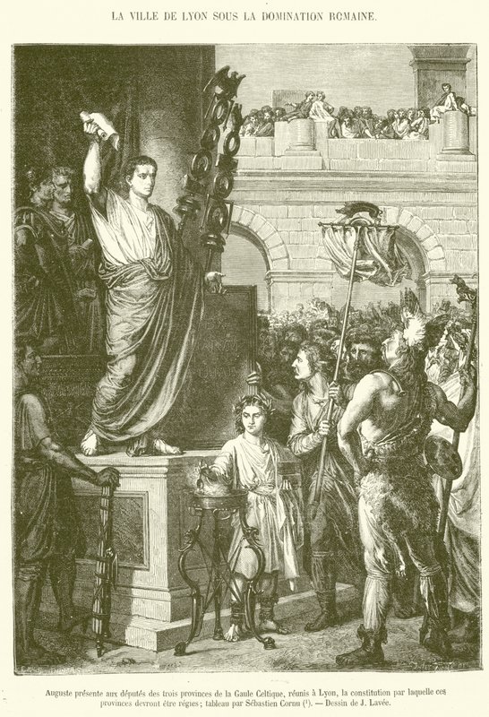 Augustus presenterar för deputeradena i de tre provinserna i det keltiska Gallien, vid möte i Lyon, den konstitution som dessa provinser bör styras av (gravyr) av French School
