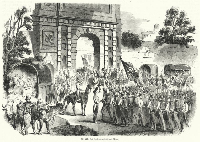 Österrikiska trupper går in i Milano, Italien, 6 augusti 1848 (gravyr) av French School