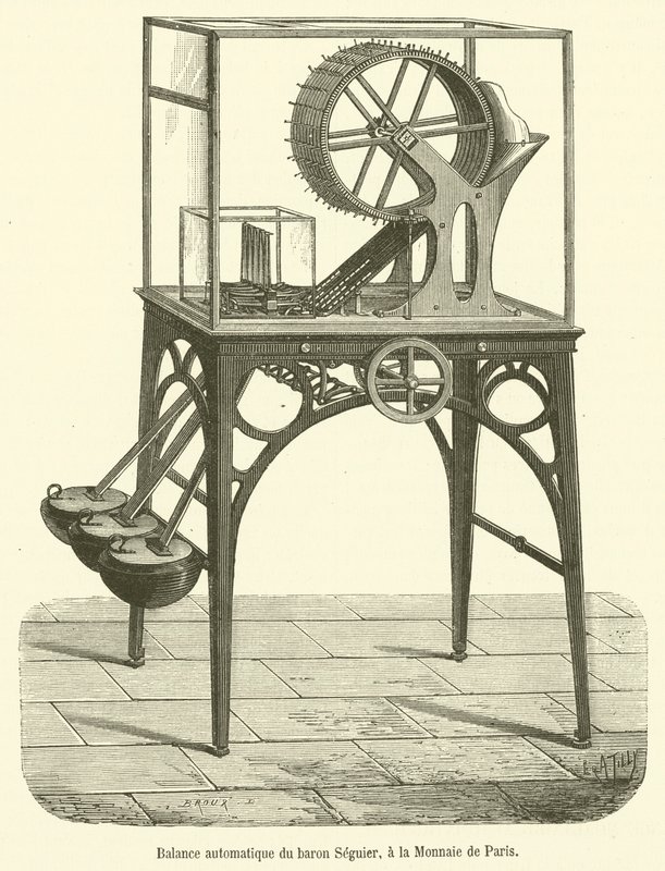 Automatisk balans av Baron Seguier, vid Monnaie de Paris (gravyr) av French School