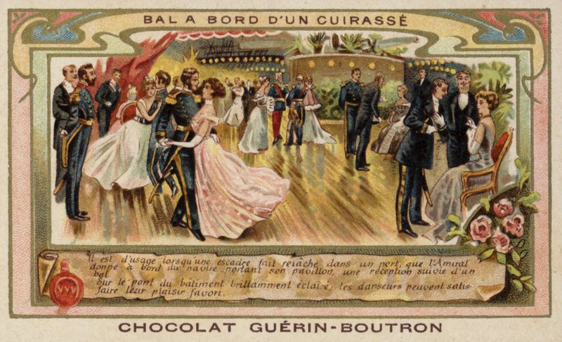Boll ombord på ett krigsskepp (chromolitho) av French School