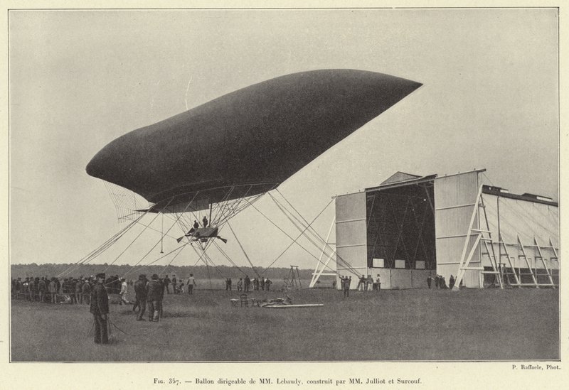 Dirigible ballong av MM Lebaudy, byggd av MM Julliot och Surcouf (gravyr) av French School