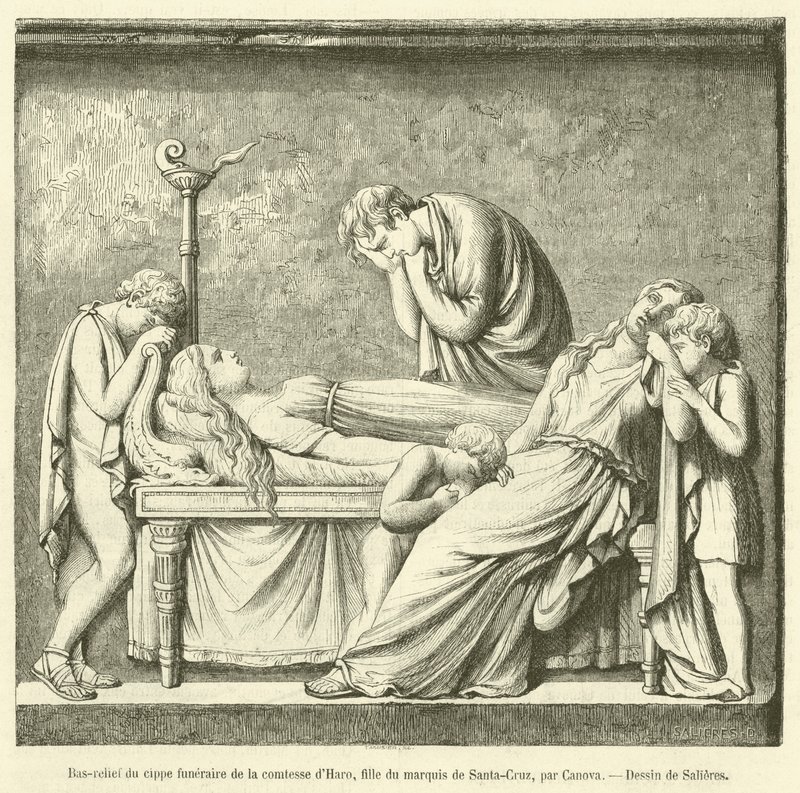 Basrelief av begravningen av grevinnan av Haro, dotter till markisen av Santa-Cruz (gravyr) av French School