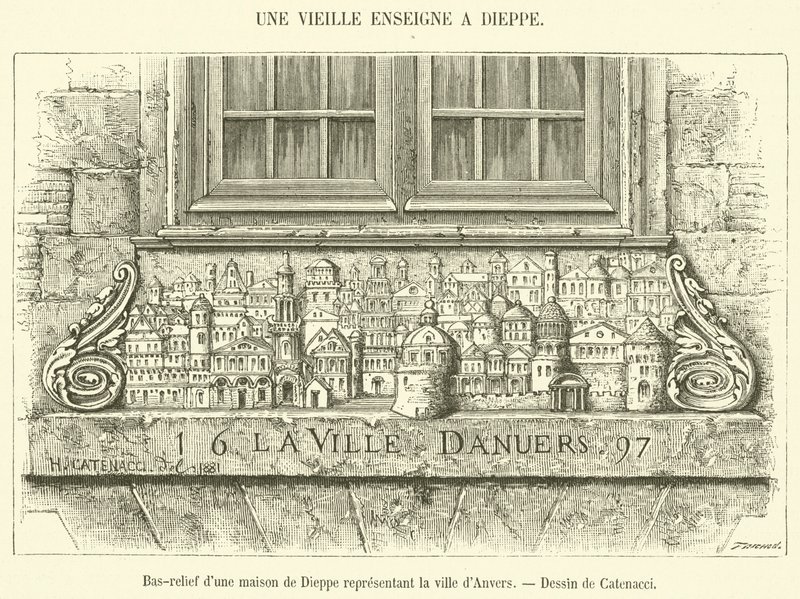 Basrelief av ett hus i Dieppe som representerar staden Antwerpen (gravyr) av French School