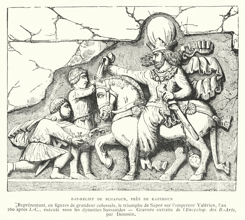 Basrelief nära Kazerun, Iran, som visar den sasaniske kungen Shapur I:s seger över den romerske kejsaren Valerianus i slaget vid Edessa, 260 (gravyr) av French School