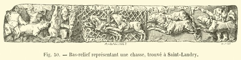 Basrelief som representerar en jakt, hittad i Saint-Landry av French School