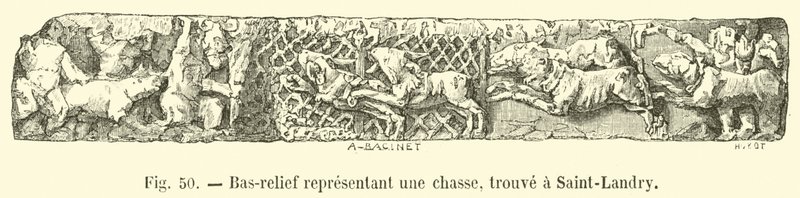 Basrelief som representerar en jakt, hittad i Saint-Landry av French School