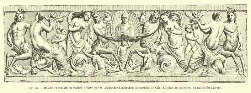 Romersk basrelief i marmor, hittad av M Alexandre Lenoir i sakristian i Saint-Sulpice, för närvarande i Louvren av French School