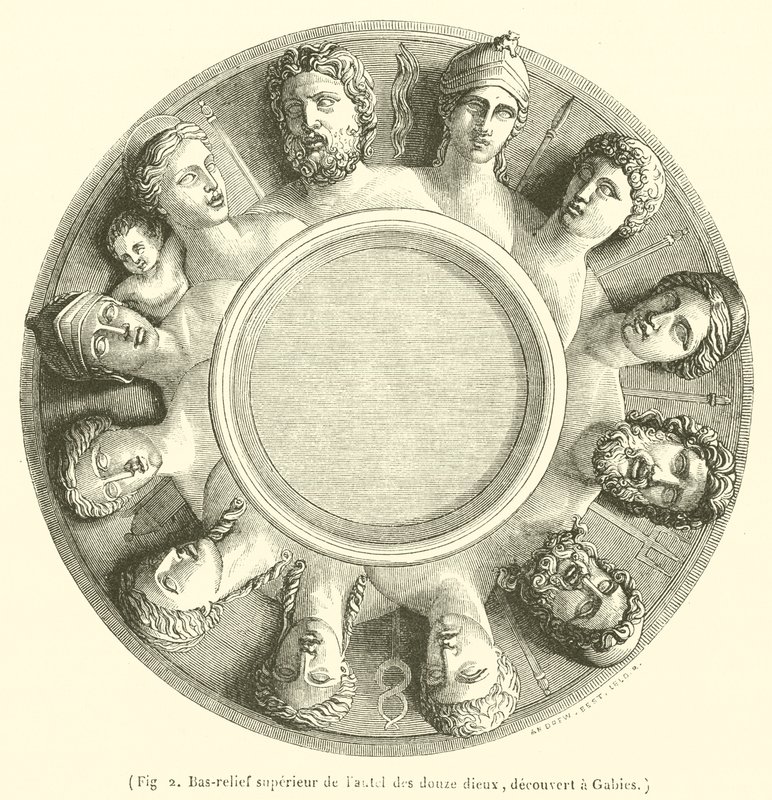 Övre basrelief av de tolv gudarnas altare, upptäckt i Gabies (gravyr) av French School