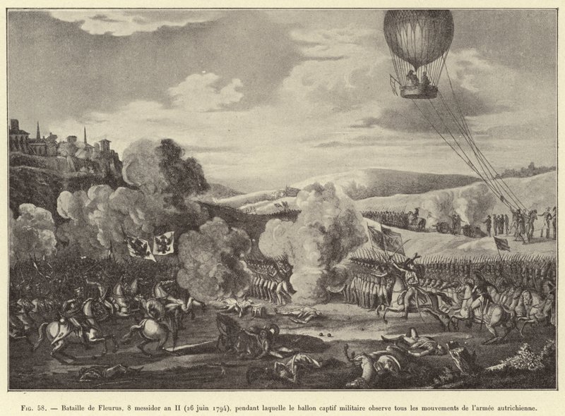Slaget vid Fleurus, 8 Messidor år II (26 juni 1794), under vilken den fångna militärballongen observerar den österrikiska arméns alla rörelser (gravyr) av French School