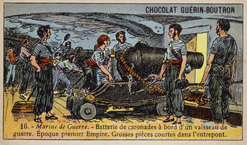 Batteri av karronader ombord på ett franskt krigsfartyg från det första imperiet, tidigt 1800-tal (chromolitho) av French School
