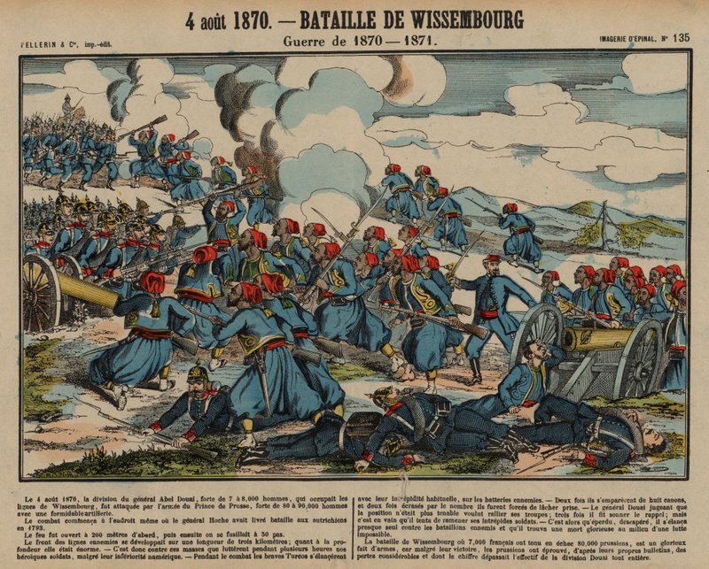 Slaget vid Wissembourg, fransk-preussiska kriget, 4 augusti 1870 (färgad gravyr) av French School