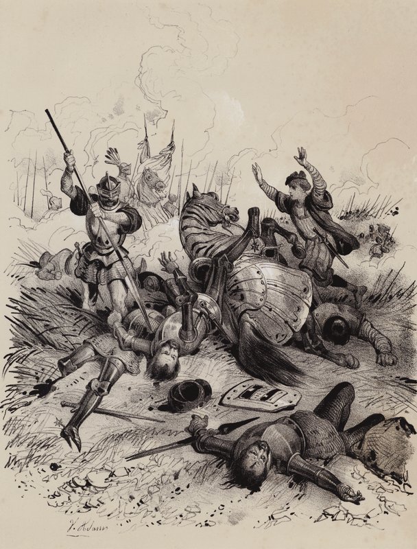 Battle of the Holme, 902, mellan danskarna och armén av Wessex och Kent under Edward den äldre, där Aethelwold aetheling, som hade allierat sig med danskarna, dödades (litho) av French School