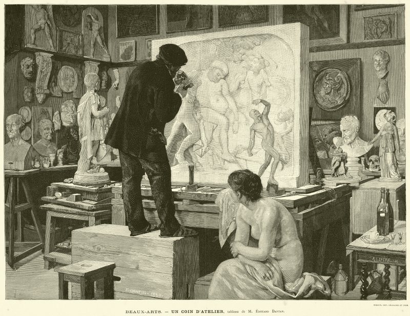 Fine Arts, A Workshop Corner, målning av M Edouard Dantan (gravyr) av French School