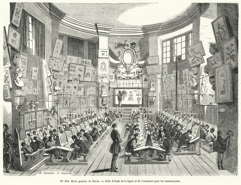 Nybörjarklass i en fri ritskola, Frankrike (gravyr) av French School